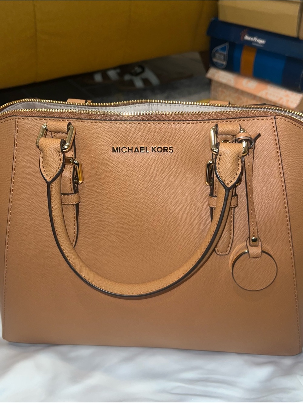 Michael Kors Cognac Saffiano Leather Satchel with Gold Hardware
